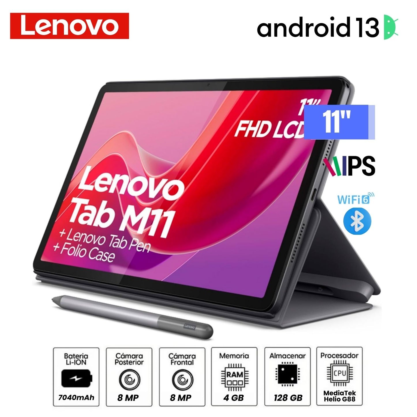 Tablet Lenovo 11” FHD Tab M11 Wifi 4GB 128GB TB330XU Lápiz y Funda con CHIP