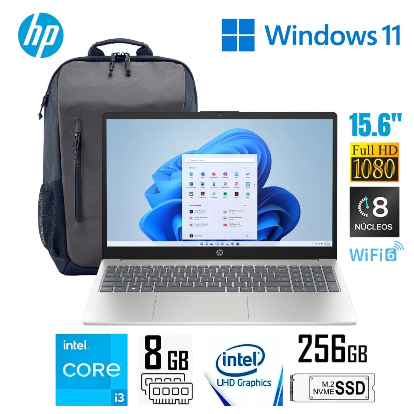 Laptop HP 15-FD0002LA Intel Core I3-N305 8GB RAM 256GB SSD 15.6" FHD Intel UHD Win 11 + Mochila HP