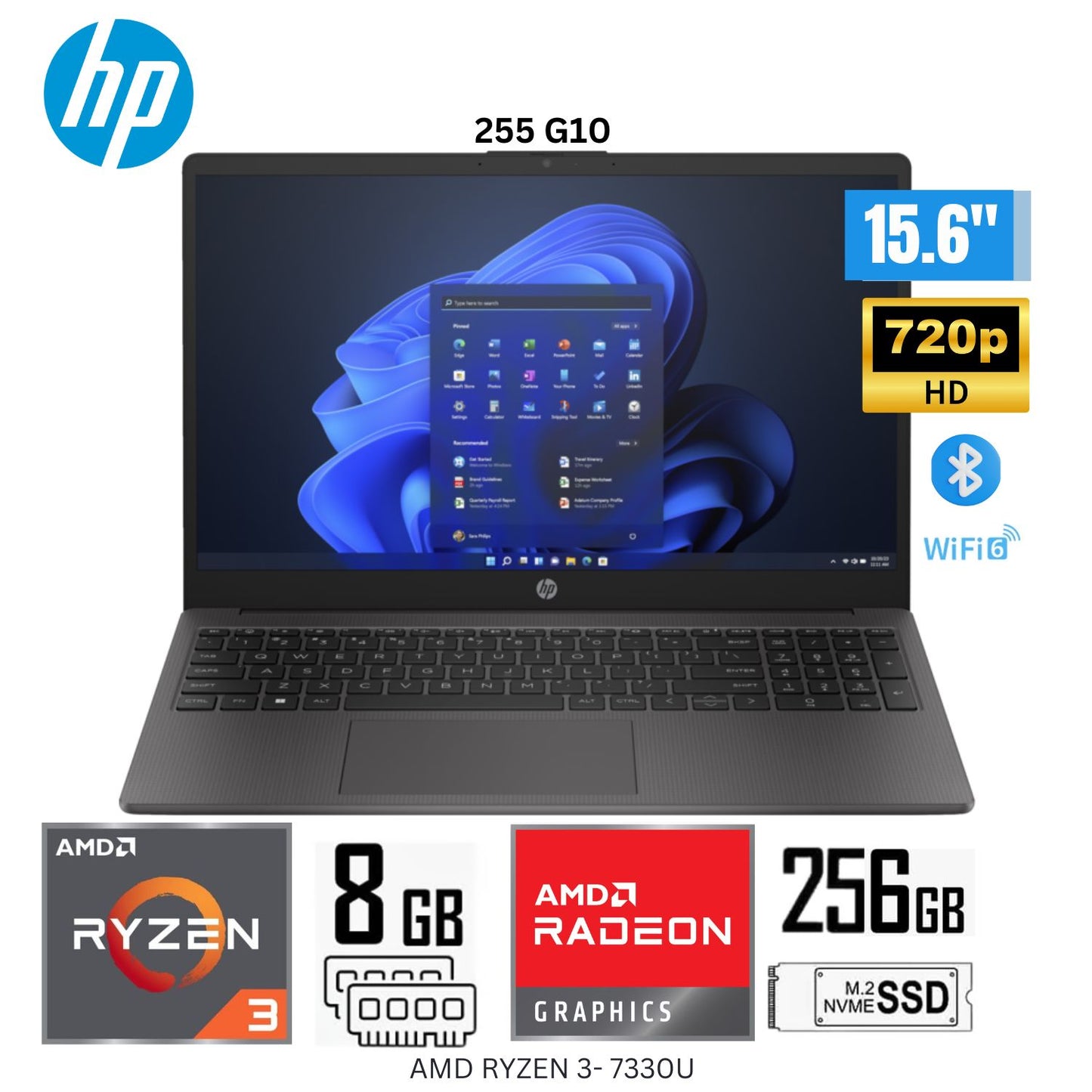 Laptop HP 255 G10 AMD Ryzen 3 -7330U 8GB RAM 256GB SSD 15.6" HD Windows 81U53LT  - Negro