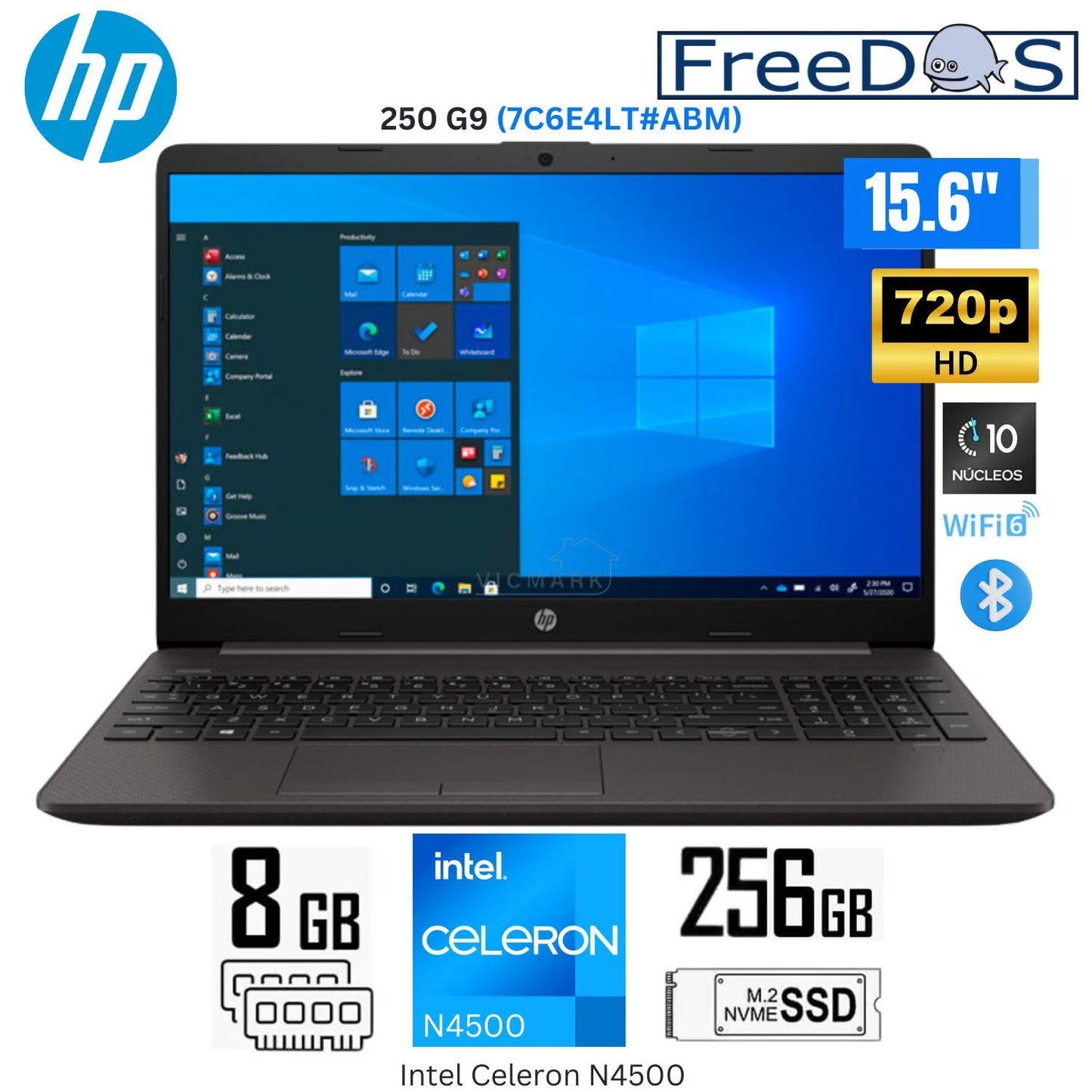 Laptop HP 250 G9 (7C6E4LT#ABM) Intel Celeron N4500 8GB RAM 256GB SSD 15.6" HD FREE DOS - Gris