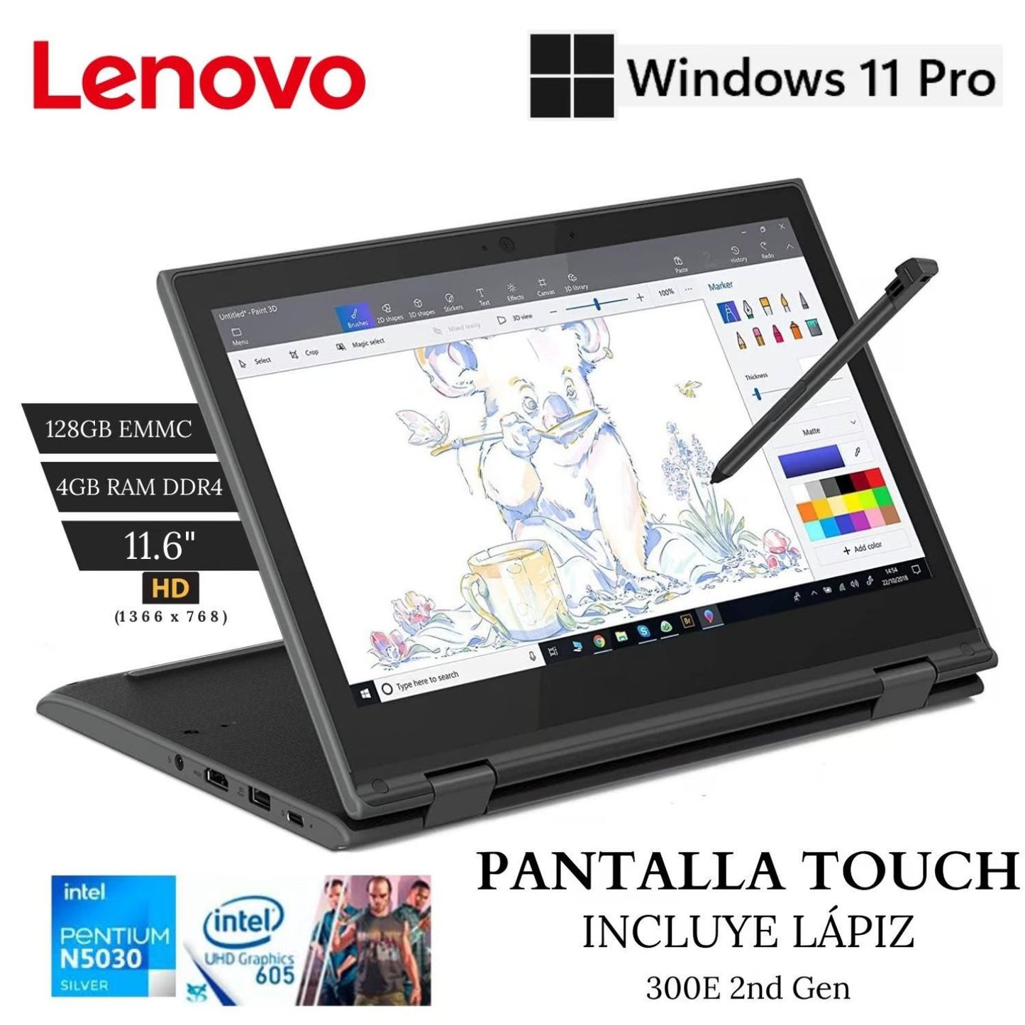 Laptop Lenovo 11.6" HD 300E 2DA GEN 2 en 1 Intel Pentium Silver N5030 4GB RAM /128GB EMMC Pan. Touch