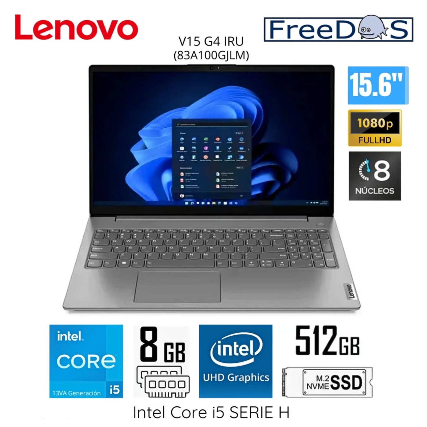 Laptop Lenovo V15 G4 IRU Intel Core i5 13420H 8GB RAM 512GB SSD 156″ FHD FreeDOS 83A100GJLM