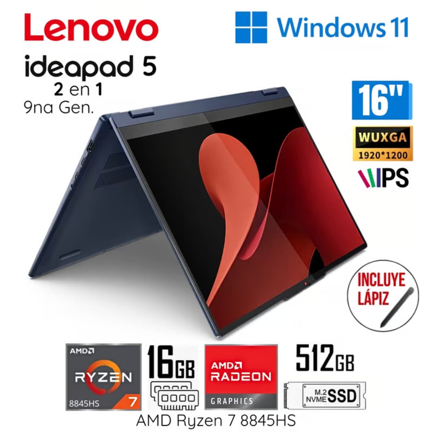 Laptop Lenovo IdeaPad 5 2 en 1 9na Gen 16AHP9 AMD Ryzen 7 8845HS 16GB RAM 512GB SSD 16" WUXGA Win 11