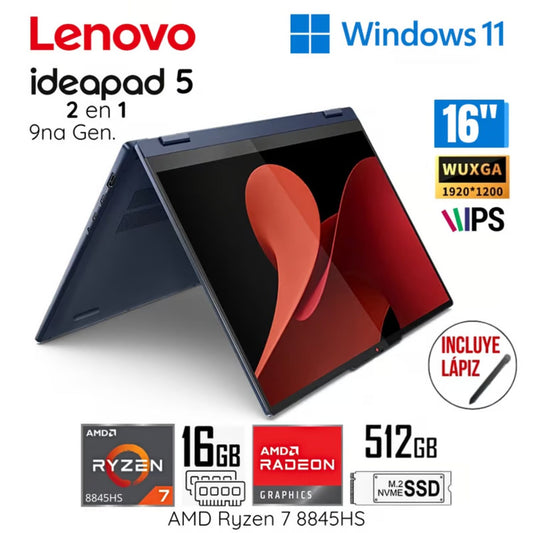 Laptop Lenovo IdeaPad 5 2 en 1 9na Gen 16AHP9 AMD Ryzen 7 8845HS 16GB RAM 512GB SSD 16" WUXGA Win 11