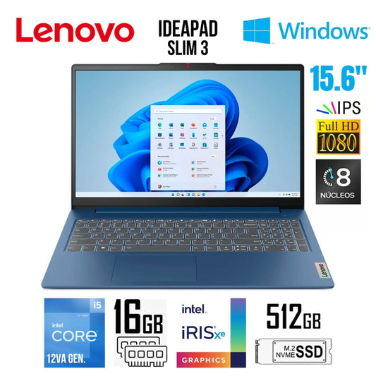 Laptop Lenovo IdeaPad Slim 3 Core i5 12°Gen 16GB RAM 512GB SSD 15.6” FHD Win 11 15IAH8 83ER001DLM