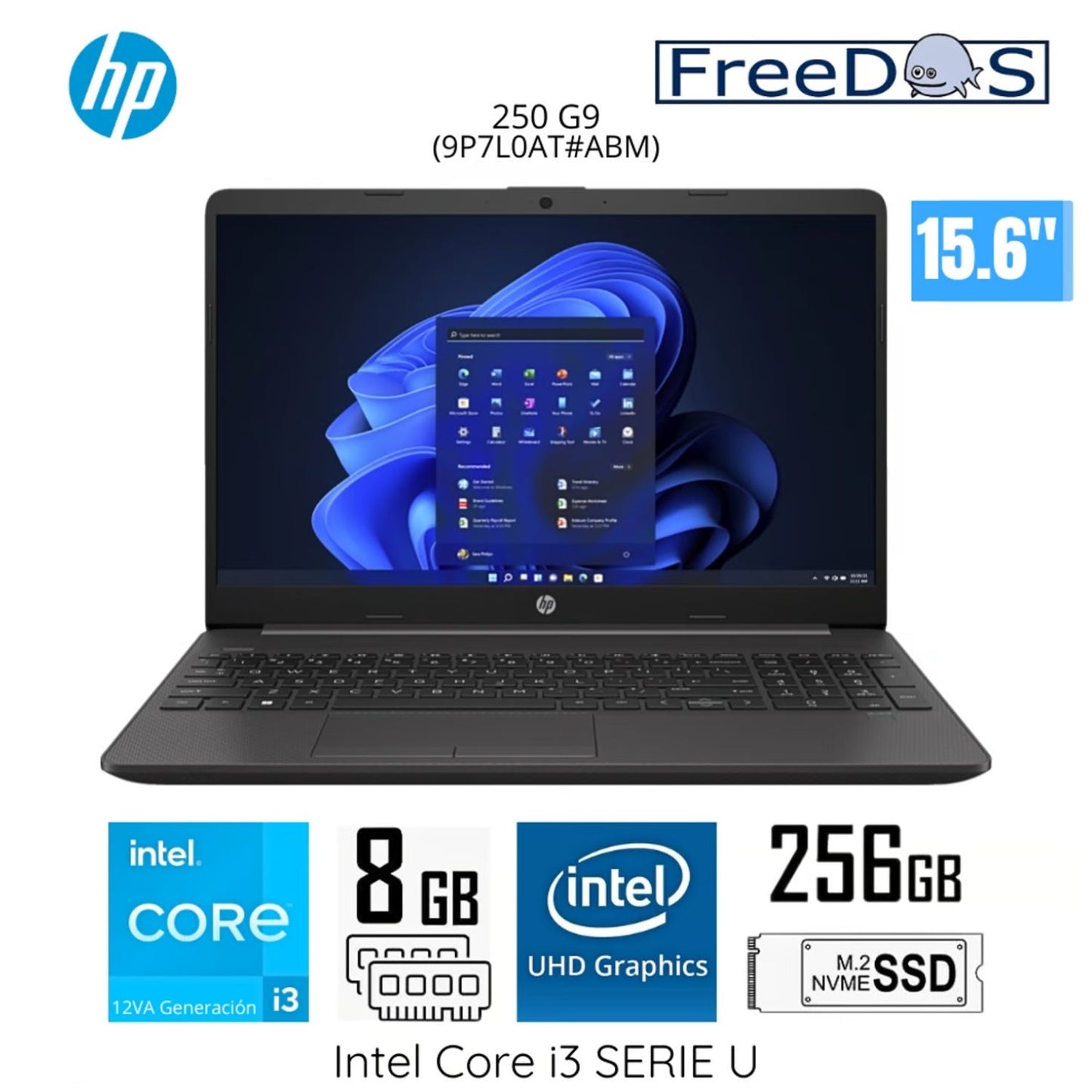 Laptop HP 250 G9 (9P7L0AT#ABM) Intel Core i3-1215U 8GB RAM 256GB SSD 15.6 HD