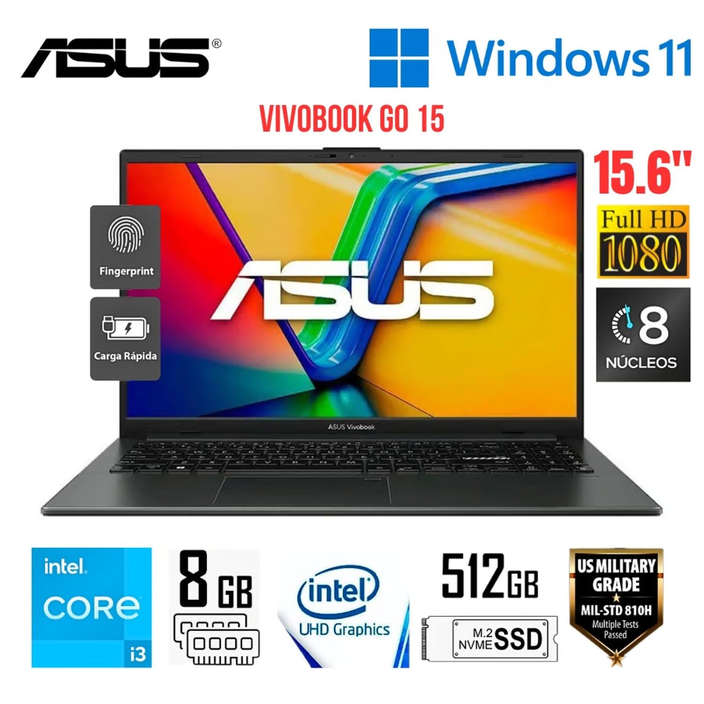 Laptop Asus Vivobook Go 15 Intel Core i3-N305 8GB RAM 512GB SSD 15.6 pulg. FHD WIN11 E1504GA-NJ231