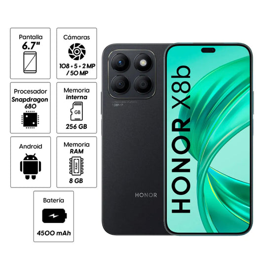 Celular Honor X8B 256GB, 8GB ram, cámara principal 108MP + 5MP + 2MP, frontal 50MP, 6.7", negro