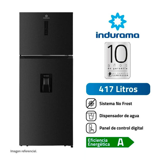 REFRIGERADORA INDURAMA 417LTS top Freezer DIGITAL Y DISPENSADOR COLOR NEGRO RI-478DN