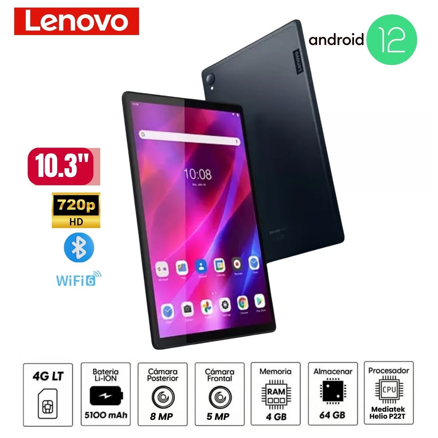 Tablet Lenovo Tab K10 TB-X6C6X 10.3" FHD Media Tek Helio P22T 4GB RAM 64GB SSD Android