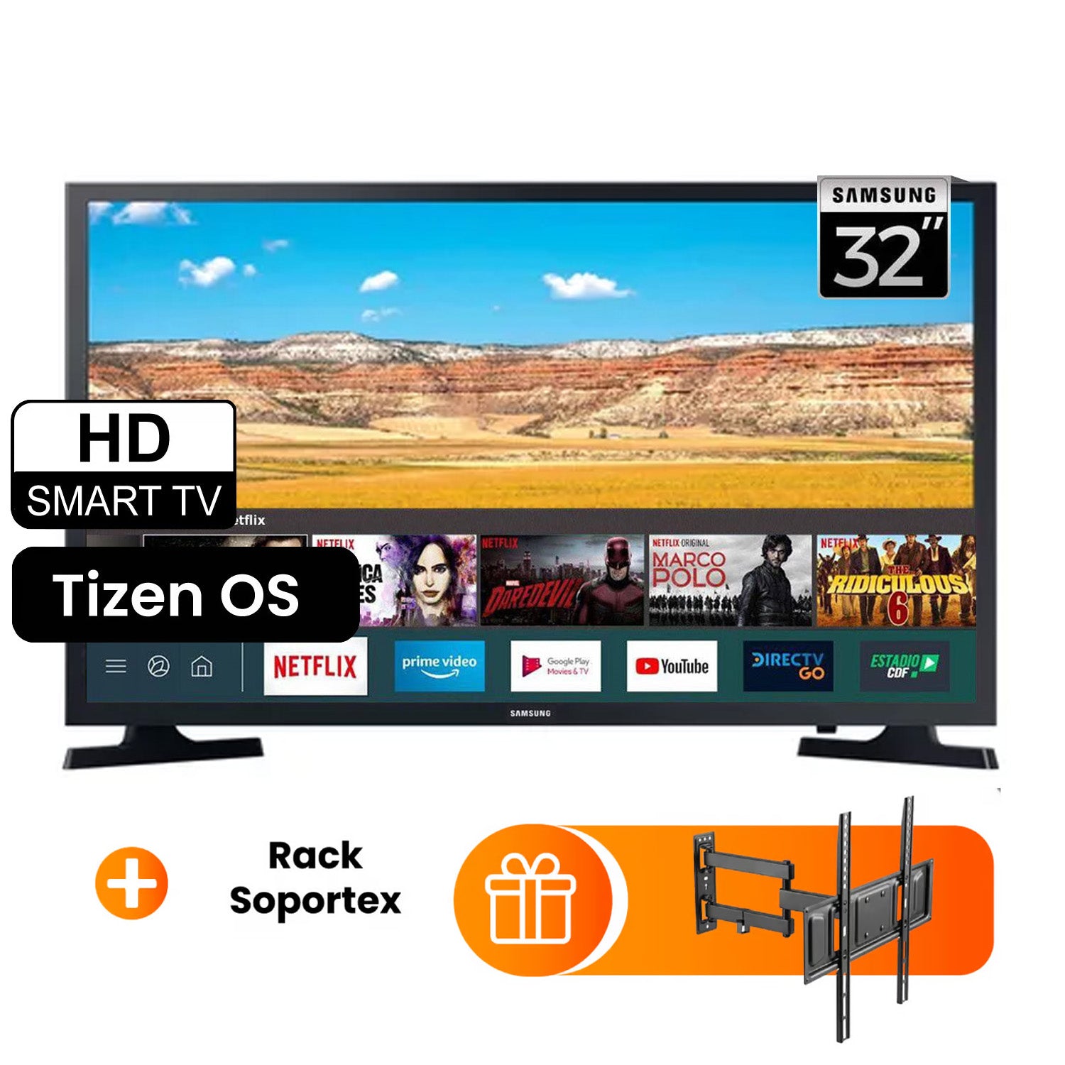 Televisor Samsung 32" LED SMART HD Negro UN32T4202AG + Rack
